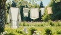 White washed laundry hangs on a line in the beautiful nature in the summer sunshine Royalty Free Stock Photo