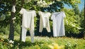 White washed laundry hangs on a line in the beautiful nature in the summer sunshine Royalty Free Stock Photo