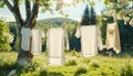 White washed laundry hangs on a line in the beautiful nature in the summer sunshine Royalty Free Stock Photo