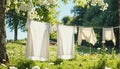 White washed laundry hangs on a line in the beautiful nature in the summer sunshine Royalty Free Stock Photo