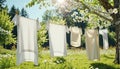 White washed laundry hangs on a line in the beautiful nature in the summer sunshine Royalty Free Stock Photo