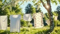 White washed laundry hangs on a line in the beautiful nature in the summer sunshine Royalty Free Stock Photo