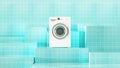 White washing machine on blue tile stand, creative presentation for sale