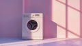 A white washing machine sits in a room with soft pastel walls and sunlight streaming in through a window Royalty Free Stock Photo