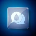 White Water drop with speech bubbles icon isolated on blue background. Square glass panels. Vector Illustration. Royalty Free Stock Photo