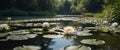 White Water Lilies Blooming in a Sunny Pond. Royalty Free Stock Photo