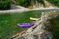 White water rafting trip on the Upper Grey river, south island, New Zealand. Rafts tied up at the end of the day