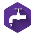 White Water tap with a falling water drop icon isolated with long shadow. Purple hexagon button Royalty Free Stock Photo