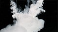 White watercolor ink in water on a black background. White abstract background. Waves of milky ink and splashes of white paints in Royalty Free Stock Photo