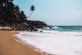 White waves breaking on smooth sand on a secluded beach in a remote island Sri Lanka. Single diagonal palm tree in the background