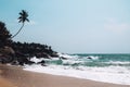 White waves breaking on smooth sand on a secluded beach in a remote island Sri Lanka. Single diagonal palm tree in the background