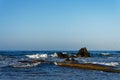 waves at sea with the rocks and blue sky