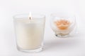 White Wax Candle in glass on white background, product mock-u Royalty Free Stock Photo