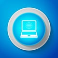 White Website on laptop screen icon isolated on blue background. Globe on screen of laptop symbol. World wide web symbol Royalty Free Stock Photo