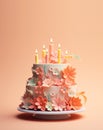 White wedding cake or birthday cake with colorful sweet sugar flowers and flaming candles. Cake beautifully decorated with mastic Royalty Free Stock Photo