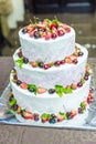 White wedding cake decorated by flowers fruits Royalty Free Stock Photo