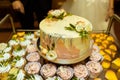 White wedding cake decorated by flowers fruits Royalty Free Stock Photo