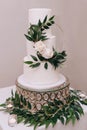White wedding cake decorated with fresh roses Royalty Free Stock Photo