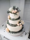 White three-tier wedding cake decorated with roses and leaves close-up on a white background Royalty Free Stock Photo