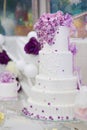 White wedding cake decorated with purple flowers Royalty Free Stock Photo