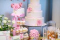 White wedding cake decorated with sugar flowers