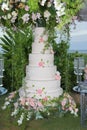 White wedding cake with flowers. Beach wedding Royalty Free Stock Photo