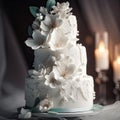 a white wedding cake with white flowers and candles Royalty Free Stock Photo