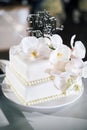 The white wedding cake, 2 layers, decorated with white orchids, with text `it`s party time` Royalty Free Stock Photo