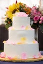 White wedding cake with yellow and pink rose petals and flowers in the background - wedding cake series Royalty Free Stock Photo