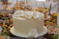 White wedding cakes with white decorations and pearls Royalty Free Stock Photo