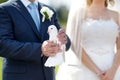 White wedding dove at groom's hands Royalty Free Stock Photo