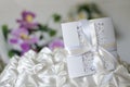 White wedding invitation on a satin pillow Royalty Free Stock Photo