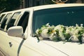 White wedding limousine decorated with flowers Royalty Free Stock Photo