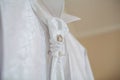 White wedding shirt with decorations. Details closeup Royalty Free Stock Photo