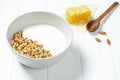 white wheat granola with low-fat yogurt in a white bowl in a composition with a spoon, honeycombs and nut on white wooden