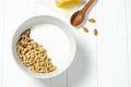 white wheat granola with low-fat yogurt in a white bowl in a composition with a spoon, honeycombs and nut on white wooden