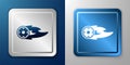 White Wheel in fire flame icon isolated on blue and grey background. Burning wheel. Silver and blue square button Royalty Free Stock Photo