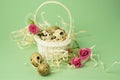 White wicker basket filled with straw,small pink roses,quail eggs on a green background. The concept of Easter Holidays. Easter Royalty Free Stock Photo