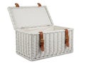 White wicker storage basket with leather handles isolated on white background Royalty Free Stock Photo