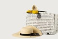 White wicker suitcase, womens hat, sunglasses and yellow shoes. Royalty Free Stock Photo