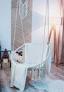 White wicker swing chair. White bedroom, with hanging chair. Perfect hone interior with hanging chair Royalty Free Stock Photo