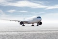 White wide body passenger airliner isolated on bright background with sky