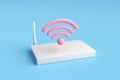White wifi router emitting pink wifi signal on blue background