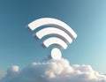 White wifi symbol on cloud. 3d wifi sign in air. Internet network symbol floating on white clouds against blue sky. Communication Royalty Free Stock Photo