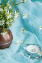 White wild flowers in a brass jug Royalty Free Stock Photo