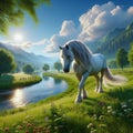 White wild horse near the river 4k Royalty Free Stock Photo