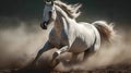 White wild horse running in the nature blur background with lot of dust on the ground. Horse maneuvers Royalty Free Stock Photo