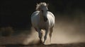 White wild horse running in the nature blur background with lot of dust on the ground Royalty Free Stock Photo