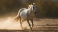 White wild horse running in the nature blur background with lot of dust on the ground Royalty Free Stock Photo