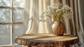 White wildflowers in paunchy vase on round old wooden brown table against empty gray wall. Natural side lighting from window